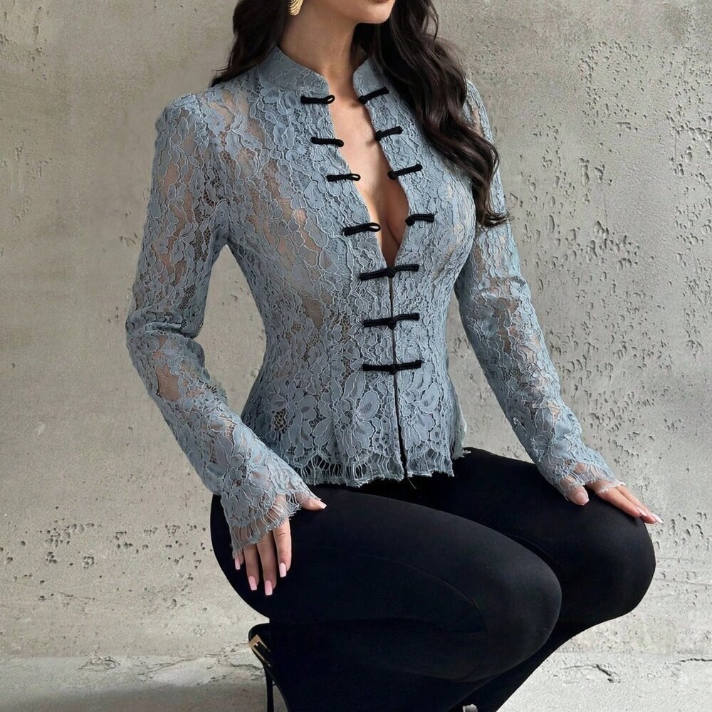 Dusty Blue Casual Women's Button Waist Lace Blouse